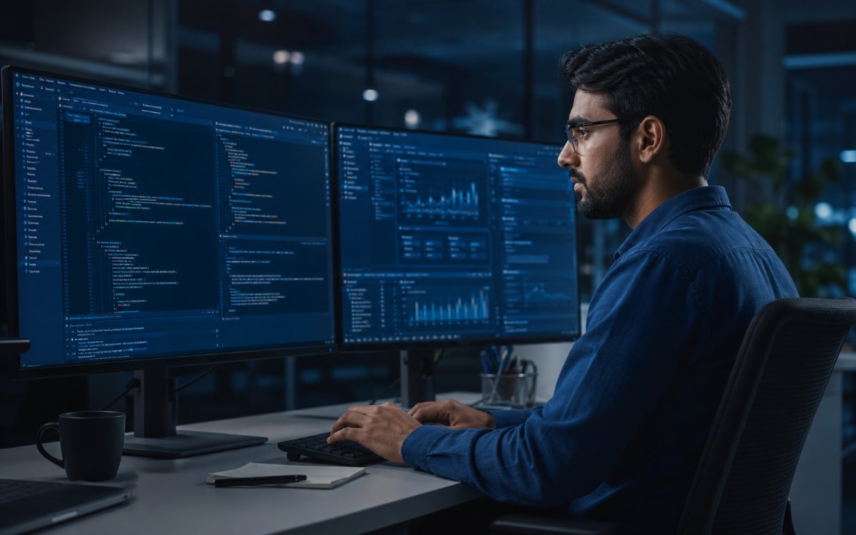 Especialista desarrollando software frente a monitores con código y analítica