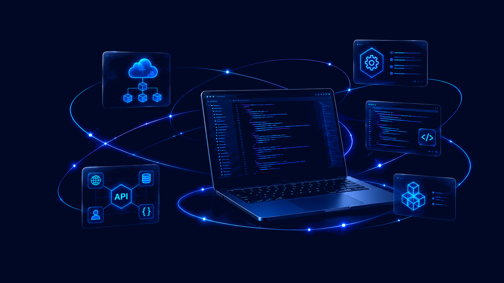 Laptop con código, nube y arquitectura de software conectada